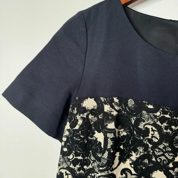 Miss Wu Silk Blend Navy Blue Black Off White Lace Print Short Sleeve Mini Dress - Picture 8 of 15